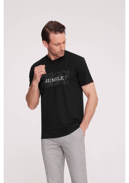Erkek Siyah Bisiklet Yaka Desenli T-Shirt