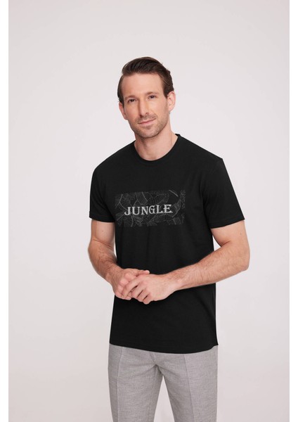 Erkek Siyah Bisiklet Yaka Desenli T-Shirt fiyatları