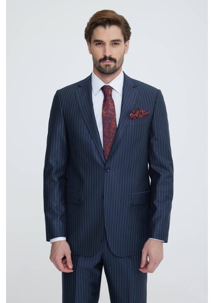 Erkek Lacivert Gri Regular Fit Çizgili Takım Elbise modelleri