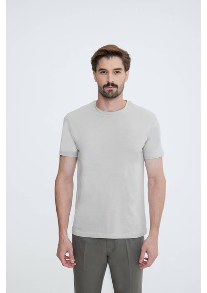 Erkek Bej Bisiklet Yaka T-shirt