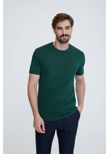 Erkek Koyu Yeşil Bisiklet Yaka T-shirt