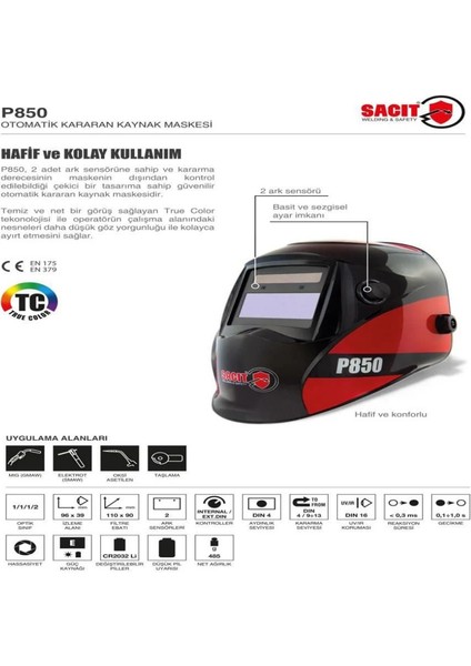 Sacit P850 Otomatik Kararan Kaynak Maskesi True Color Temiz Net Görüntü