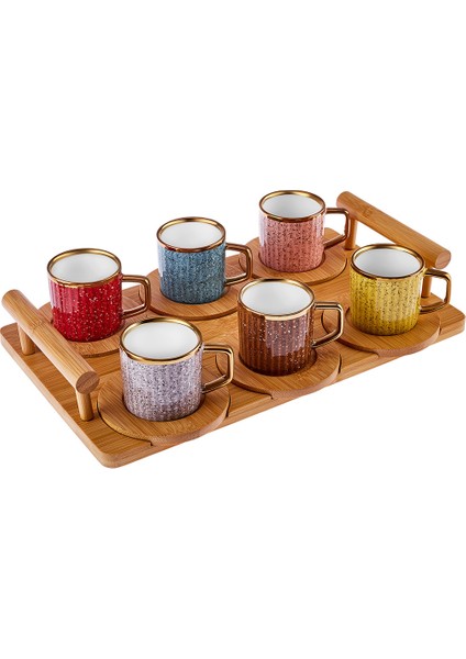 Bambu Tepsi Hediyeli 6 Kişilik Renkli Kahve Fincan Takımı 90 ml
