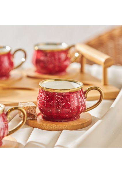 Bambu Tepsi Hediyeli 6 Kişilik Kırmızı Kahve Fincan Takımı 90 ml