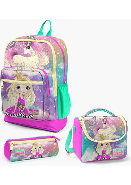 Coral High Kids Pembe Su Yeşili Unicornlu Kız Desenli 3’lü Okul Çanta Seti Set 23733-MİX3