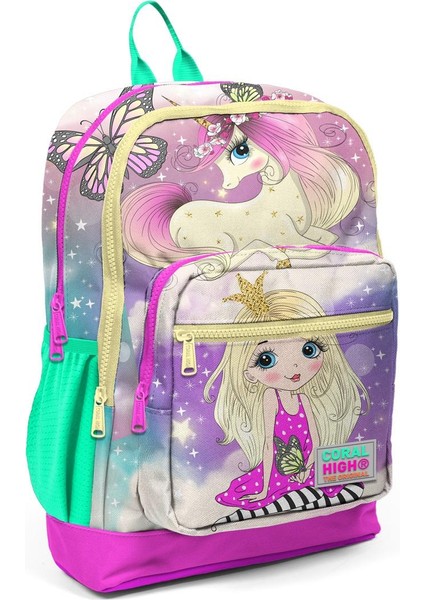 Coral High Kids Pembe Su Yeşili Unicornlu Kız Desenli Dört Bölmeli Okul Sırt Çantası 23733