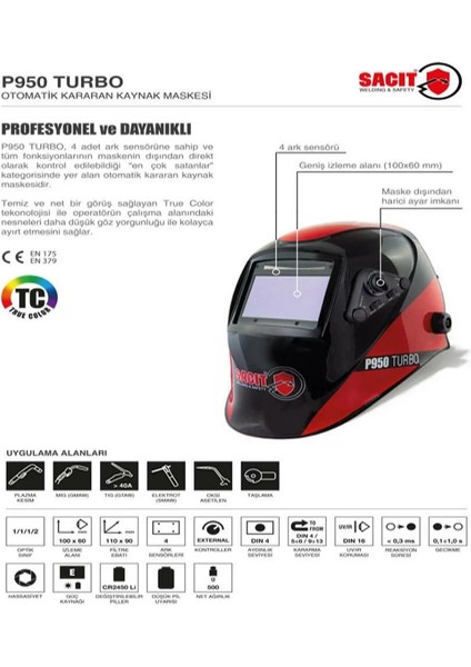 Sacit P950 Turbo Otomatik Kararan Kaynak Maskesi True Color Temiz Net Görüntü
