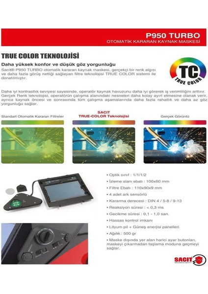Sacit P950 Turbo Otomatik Kararan Kaynak Maskesi True Color Temiz Net Görüntü
