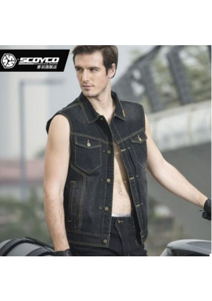 Motosiklet Kot Yelek Dayanıklı Jeans Kot Kumaş 3D Sırt Koruma Chopper Motor Yelek fiyatları