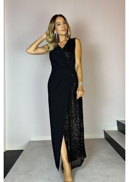 G0691 Kruvaze Yaka Tek Tarafı Payet Abiye Elbise Siyah indirimleri