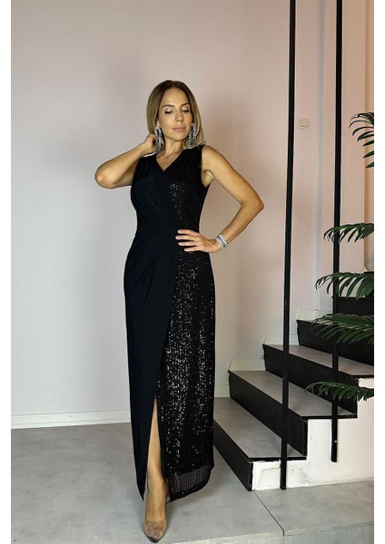 G0691 Kruvaze Yaka Tek Tarafı Payet Abiye Elbise Siyah