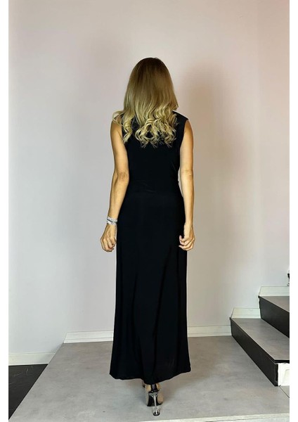 G0691 Kruvaze Yaka Tek Tarafı Payet Abiye Elbise Siyah