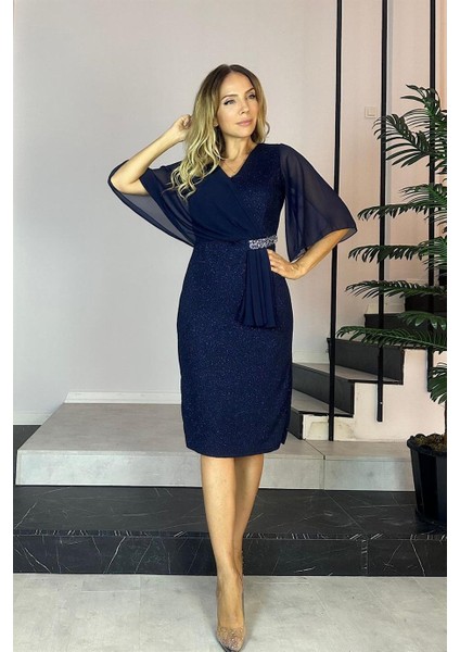 G0477 Taş Detaylı Şifon Kollu Abiye Elbise Lacivert