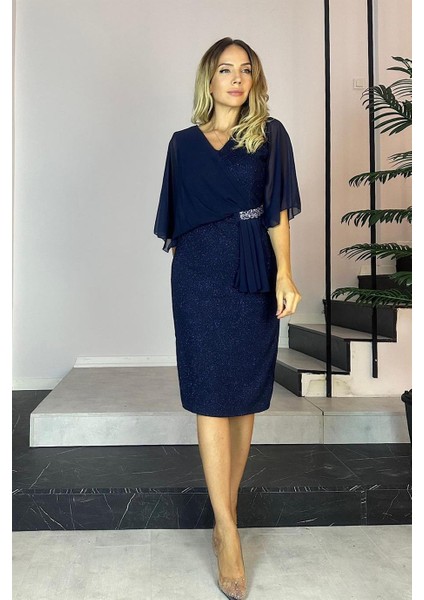 G0477 Taş Detaylı Şifon Kollu Abiye Elbise Lacivert fiyatları