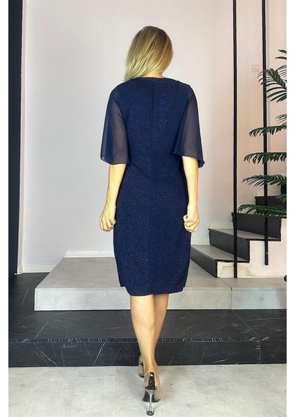 G0477 Taş Detaylı Şifon Kollu Abiye Elbise Lacivert modelleri