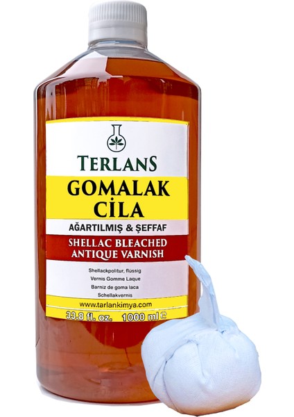 Terlans Ağartılmış Şeffaf Gomalak Cilası 1000 ml Shellac Bleached + Sürme Topu