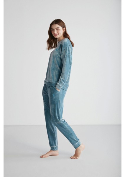 Kadın Petrol Yuvarlak Yaka Pijama Takımı 16949 modelleri