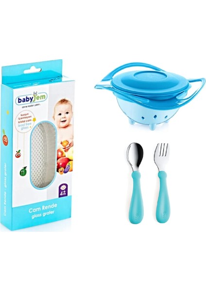Babyjem Cam Rende + Dökülmeyen Tabak Mavi + Paslanmaz Çelik Çatal Kaşık Seti Turkuaz