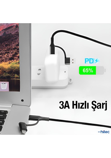 100W 4in1 Type-C - USB - Lightning - Type-C Çıkışlı Hızlı Data ve Şarj Kablosu Siyah