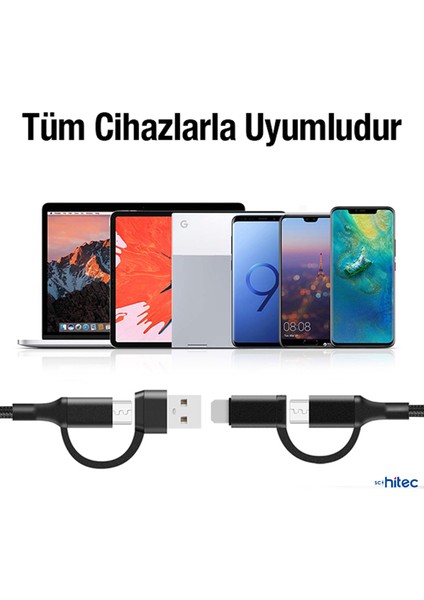 100W 4in1 Type-C - USB - Lightning - Type-C Çıkışlı Hızlı Data ve Şarj Kablosu Siyah