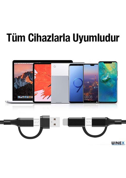 100W 4in1 Type-C - USB - Lightning - Type-C Çıkışlı Hızlı Data ve Şarj Kablosu Siyah modelleri
