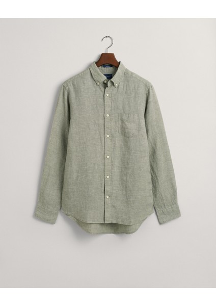 Erkek Yeşil Regular Fit Düğmeli Yaka Keten Gömlek 3230085.362