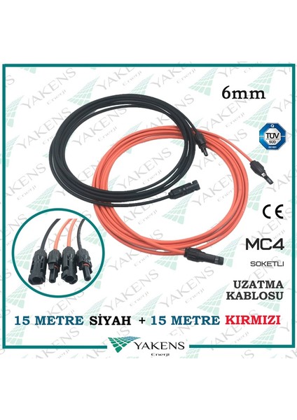 Güneş Paneli Uzatma Kablosu (15M+15M) 6 mm Çift Taraflı Mc4 Soketli Solar Ara Kablo Siyah Kırmızı fiyatları
