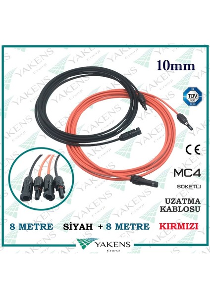 Güneş Paneli Uzatma Kablosu (8m+8m) 10 mm Çift Taraflı Mc4 Soketli Solar Ara Kablo Siyah Kırmızı fiyatları