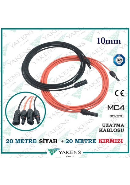 Güneş Paneli Uzatma Kablosu (20M+20M) 10 mm Çift Taraflı Mc4 Soketli Solar Ara Kablo Siyah Kırmızı