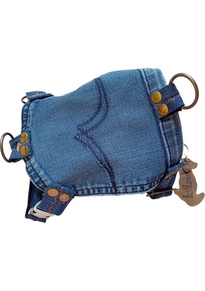 Köpek göğüs tasması minik ırk mavi eskitme kot cepli antik metal zımbalı göğüs ölçüsü:18-40 cm ayarlamalı dog harness GT2-20