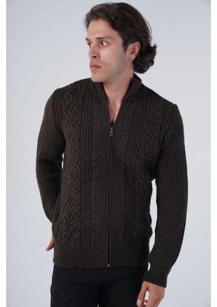 Erkek Kahve Saç Yürütme Arka Kol Selanik Dik Yaka Cepli Triko Yün Hırka TRIST-5298