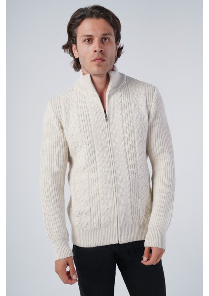 Erkek Bej Saç Yürütme Arka Kol Selanik Dik Yaka Cepli Triko Yün Hırka TRIST-5298