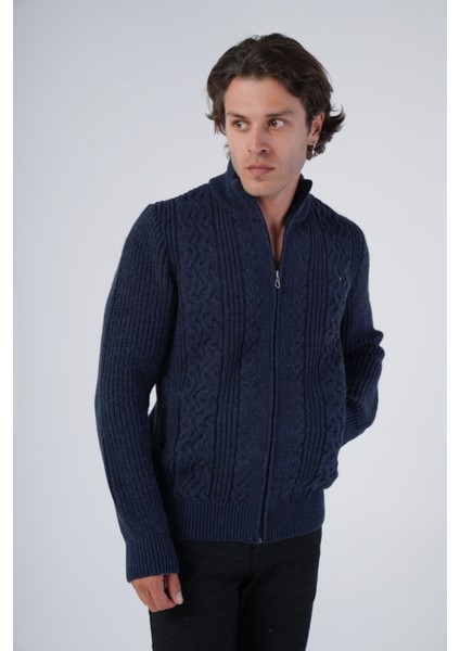 Erkek Lacivert Saç Yürütme Arka Kol Selanik Dik Yaka Cepli Triko Yün Hırka TRIST-5298