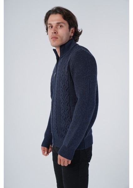 Erkek Lacivert Saç Yürütme Arka Kol Selanik Dik Yaka Cepli Triko Yün Hırka TRIST-5298 fırsatları