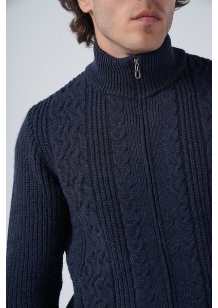 Erkek Lacivert Saç Yürütme Arka Kol Selanik Dik Yaka Cepli Triko Yün Hırka TRIST-5298 indirimleri