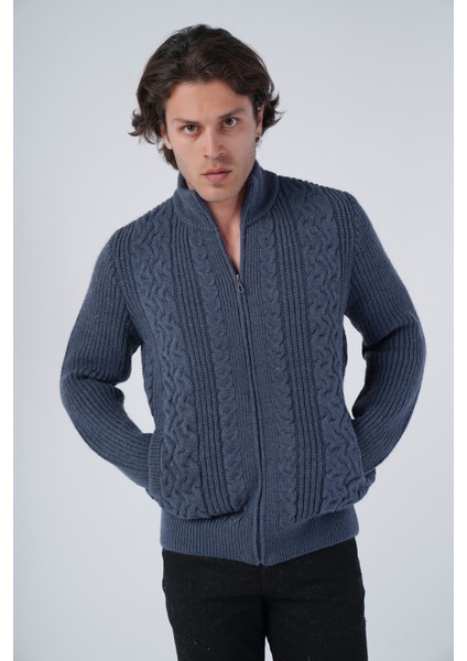 Erkek İndigo Saç Yürütme Arka Kol Selanik Dik Yaka Cepli Triko Yün Hırka TRIST-5298