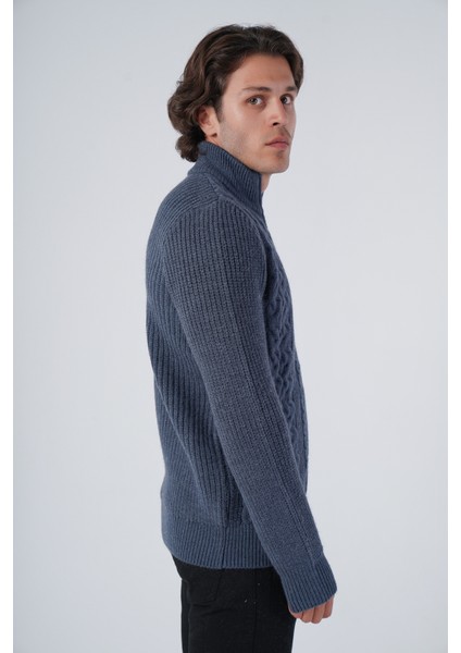 Erkek İndigo Saç Yürütme Arka Kol Selanik Dik Yaka Cepli Triko Yün Hırka TRIST-5298 fiyatları