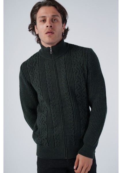 Erkek Haki Saç Yürütme Arka Kol Selanik Dik Yaka Cepli Triko Yün Hırka TRIST-5298