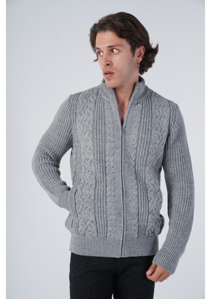 Erkek Gri Saç Yürütme Arka Kol Selanik Dik Yaka Cepli Triko Yün Hırka TRIST-5298