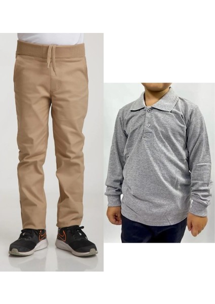 Unisex Çocuk Ribana Bel Keten Bej Okul Pantolonu + Polo Yaka Uzun Kol T-Shirt