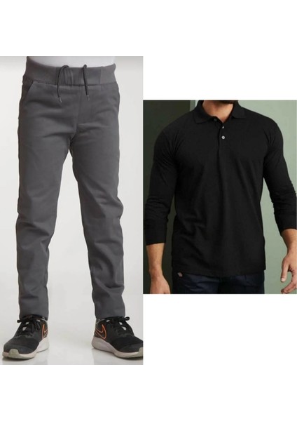 Unisex Çocuk Ribana Bel Keten Gri Okul Pantolonu + Polo Yaka Uzun Kol T-Shirt