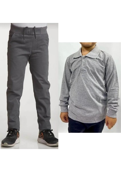 Unisex Çocuk Ribana Bel Keten Gri Okul Pantolonu + Polo Yaka Uzun Kol T-Shirt
