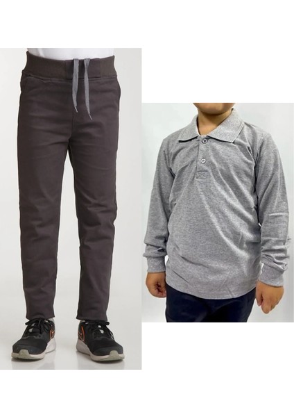 Unisex Çocuk Ribana Bel Keten Füme Okul Pantolonu + Polo Yaka Uzun Kol T-Shirt