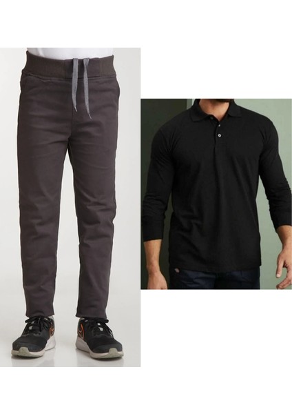 Unisex Çocuk Ribana Bel Keten Füme Okul Pantolonu + Polo Yaka Uzun Kol T-Shirt