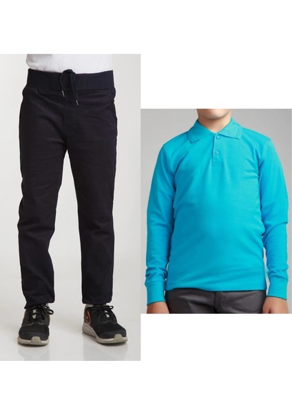 Unisex Çocuk Ribana Bel Keten Lacivert Okul Pantolonu + Polo Yaka Uzun Kol T-Shirt