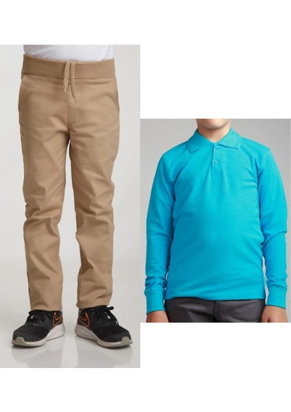 Unisex Çocuk Ribana Bel Keten Bej Okul Pantolonu + Polo Yaka Uzun Kol T-Shirt
