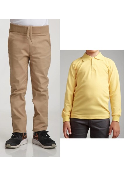 Unisex Çocuk Ribana Bel Keten Bej Okul Pantolonu + Polo Yaka Uzun Kol T-Shirt