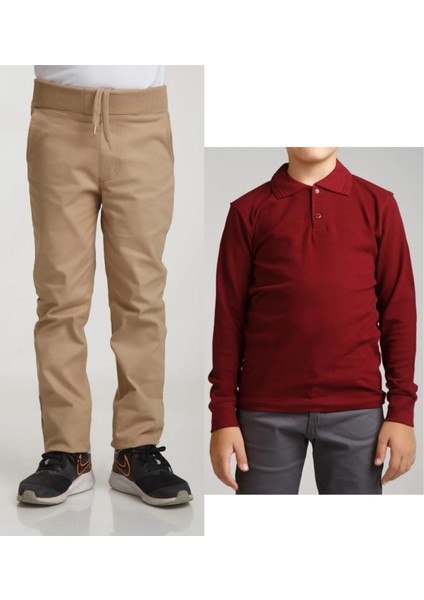 Unisex Çocuk Ribana Bel Keten Bej Okul Pantolonu + Polo Yaka Uzun Kol T-Shirt