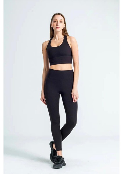 Yüksek Bel Geniş Kemer Toparlayıcı Sıkılaştırıcı Dalgıç Kumaş Günlük Spor Kadın Tayt Siyah