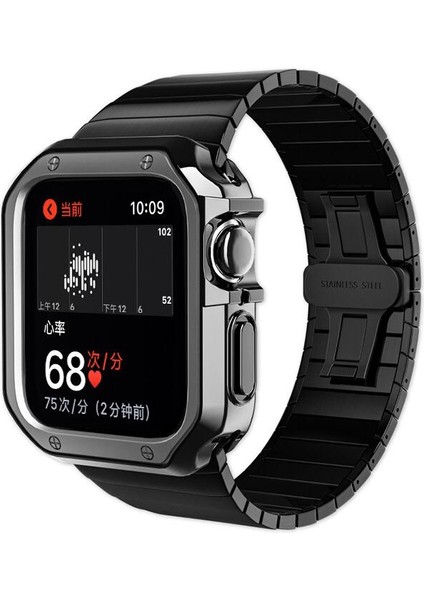 Apple Watch 42 mm Uyumlu 360 Tam Koruma Set Metal Kordon Silikon Kasa Stainless Steel Strap